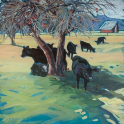 "Heifers Eating Apples" by Sally Yost, Oil on canvas, giclee