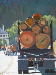 "Log Trucks Rolling Into Quincy" by Sally Yost, Oil on canvas