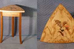 Table with inlaid dragon in olive wood veneer, by Bruce Powell