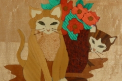 Detail of curved tray with inlaid cats by Bruce Powell