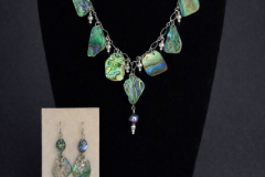 Necklace and earrings of Sterling silver with abalone and pearls, by Judy Dailey