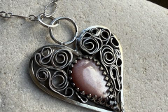 Necklace of Sterling silver fiiigree with chocolate moonstone, by Judy Dailey