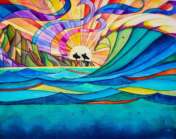"Two surfers in heaven" by Marilyn Reich, watercolor