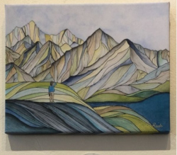 "Hiker viewing Sierras" by Marilyn Reich, watercolor