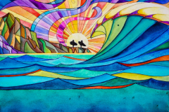 "Two surfers in heaven" by Marilyn Reich, watercolor