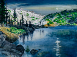 "Moonrise over Caribou Lake" by Michael Kerby, watercolor