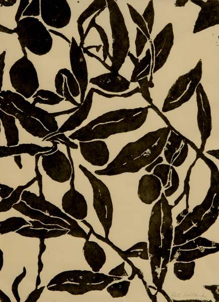"daVinci Olives" by Pat Holland, linoleum block print