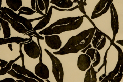"daVinci Olives" by Pat Holland, linoleum block print