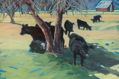 "Heifers Eating Apples" by Sally Yost, Oil on canvas, giclee