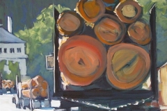 "Log Trucks Rolling Into Quincy" by Sally Yost, Oil on canvas