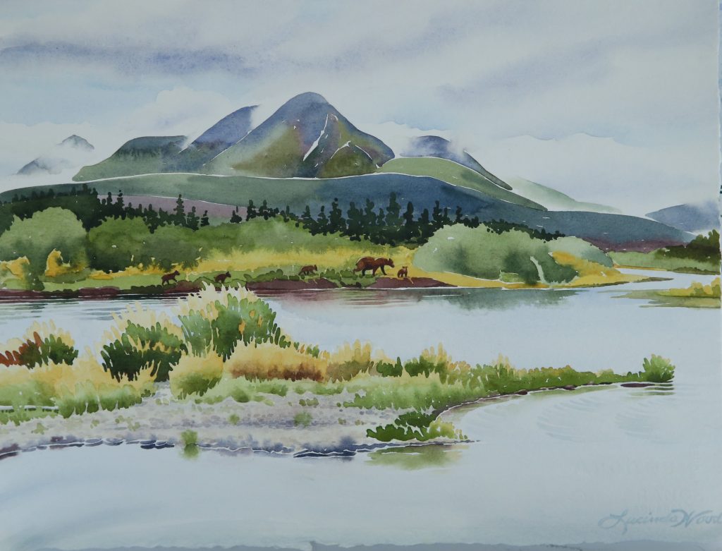 "Margot Creek, Momma Bear with Four Cubs, Alaska" by Lucinda Wood, Watercolor