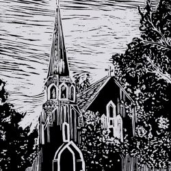 "Sonora Church" by Pat Holland, linoleum block print