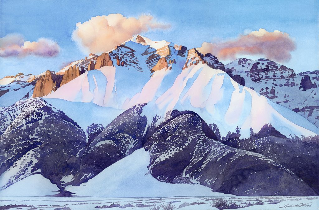 "Alpine glow, Lost river Range, Idaho" by Lucinda Wood, watercolor